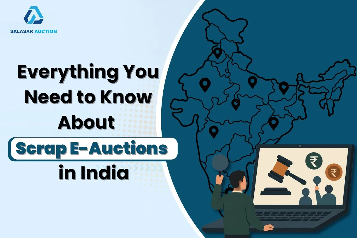 Illustration of a person bidding in an online scrap auction via laptop, featuring gavel and currency icons. Map of India in the background highlights multiple auction locations. Text reads “Everything You Need to Know About Scrap E-Auctions in India” with