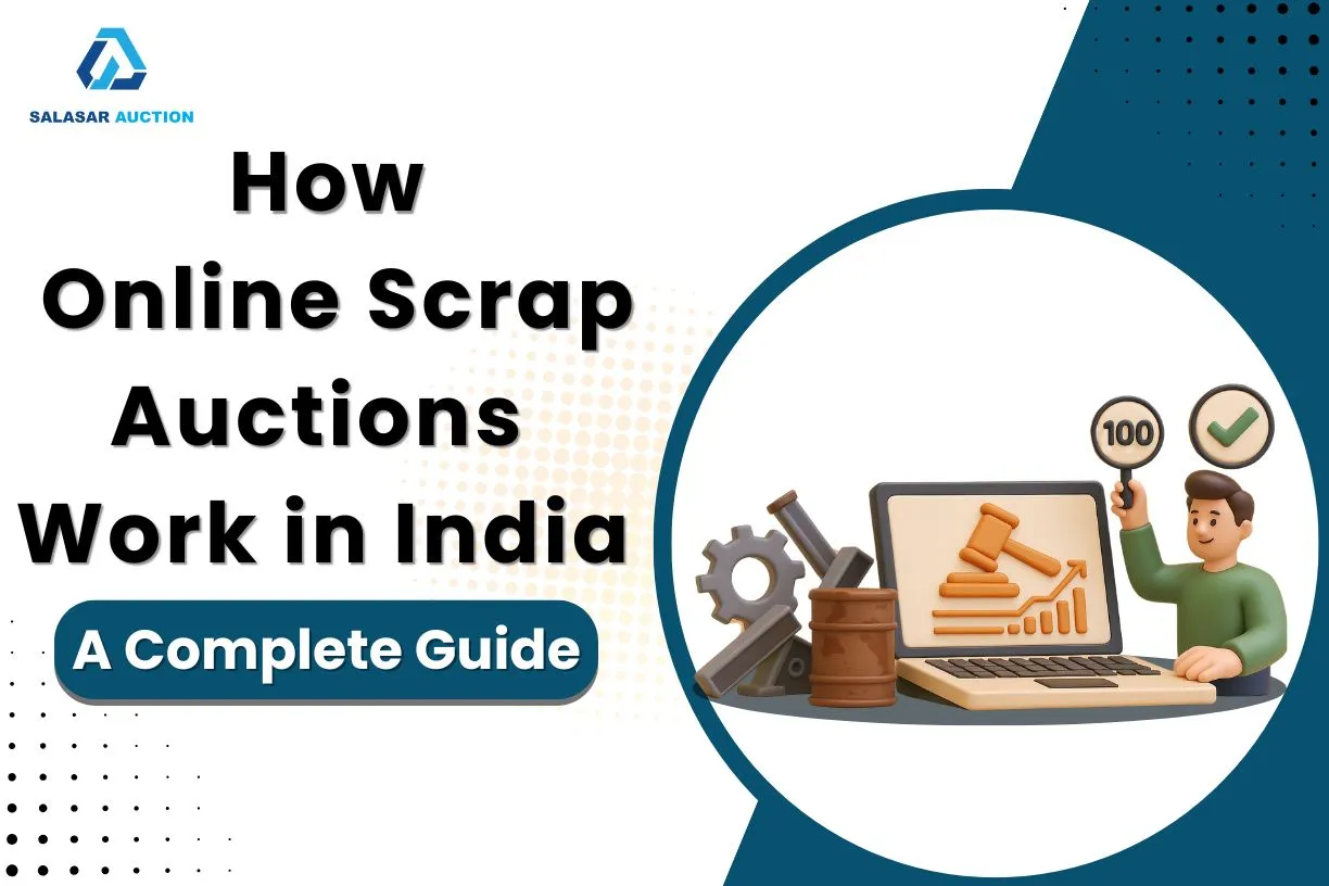 This image shows a online scrap auction scene with a bidder, laptop, and scrap items, representing how online scrap auctions work in India through platforms like Salasar Auction.