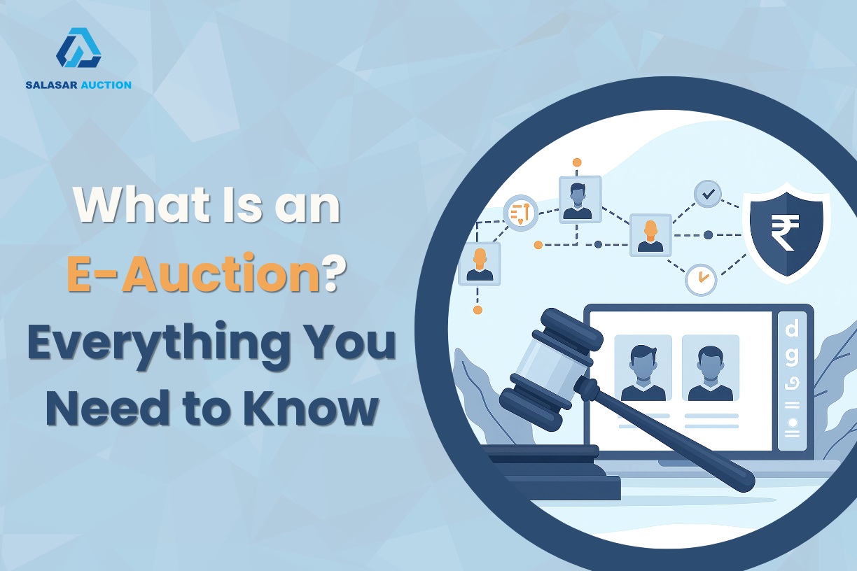 Illustration of e-auction process showing online bidding with bidder profiles, digital gavel, secure payment icon, and connected network diagram – Salasar Auction blog on What Is an E-Auction?