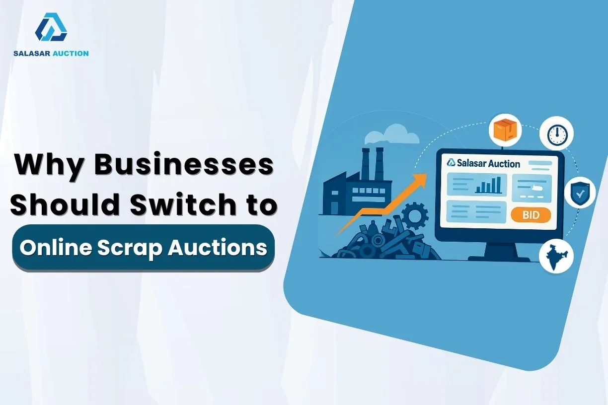 Illustration showing the benefits of switching to online scrap auctions for businesses via Salasar Auction platform, with icons representing bidding, time efficiency, and industrial growth.