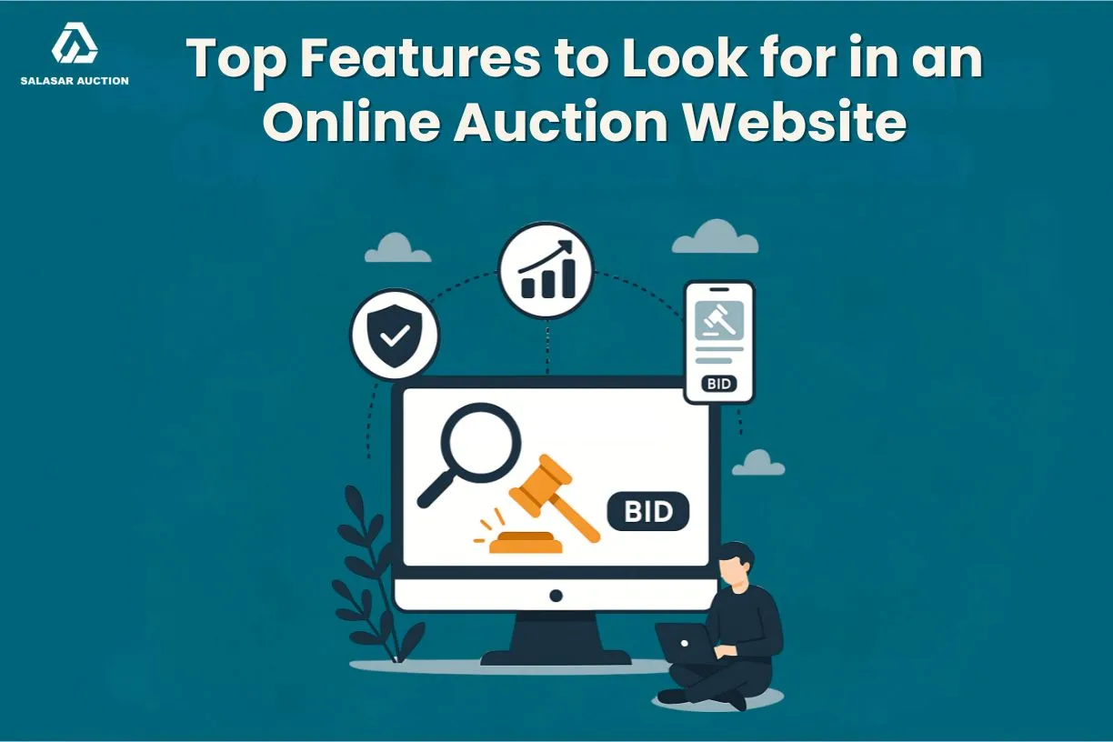 Illustration of online auction platform features with bidding icons, mobile bidding, secure system, and analytics – Salasar Auction blog banner