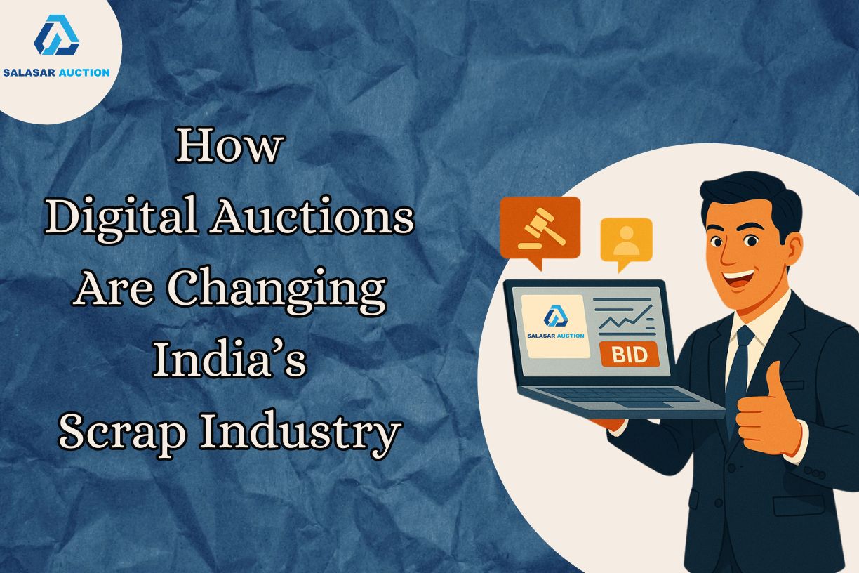 Salasar Auction graphic of businessman bidding via laptop, showcasing digital online auctions reshaping India’s scrap industry