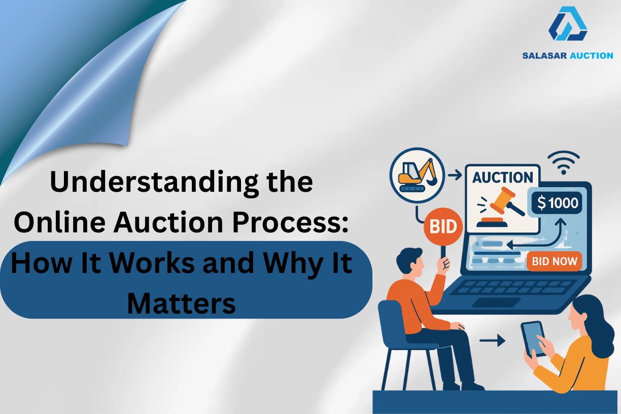 Illustration of bidders participating in an online auction process through a digital platform, showcasing real-time bidding and asset categories like machinery