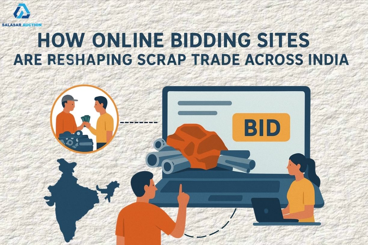 Illustration of people participating in a digital scrap auction, showing online bidding on metal scrap with a map of India, representing how online bidding sites are transforming the scrap trade.