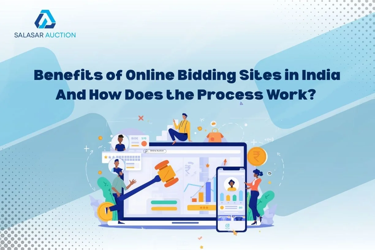 Illustration of people participating in an online auction with laptops and smartphones, featuring bidding, digital gavel, and Salasar Auction branding – concept of understanding the online auction process.