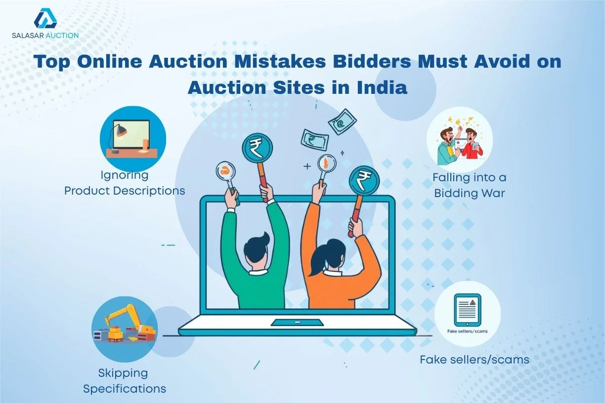 Common online auction mistakes to avoid in India – ignoring product descriptions, skipping specifications, falling into bidding wars, and dealing with fake sellers or scams – infographic by Salasar Auction.
