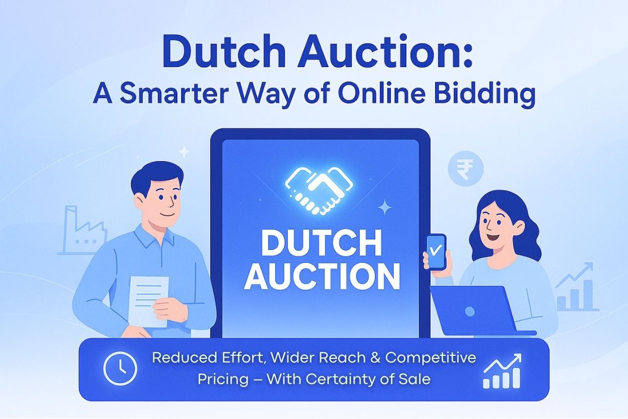 Dutch Auction online bidding illustration showing buyers and sellers using digital devices on an online auction platform with benefits like reduced effort, wider reach, competitive pricing, and certainty of sale.