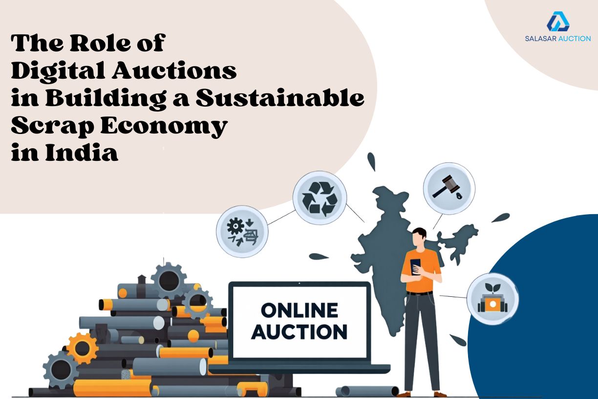 Illustration of digital scrap auctions in India showing online auction platform, recycling icons, and sustainable scrap economy concept with Salasar Auction branding.