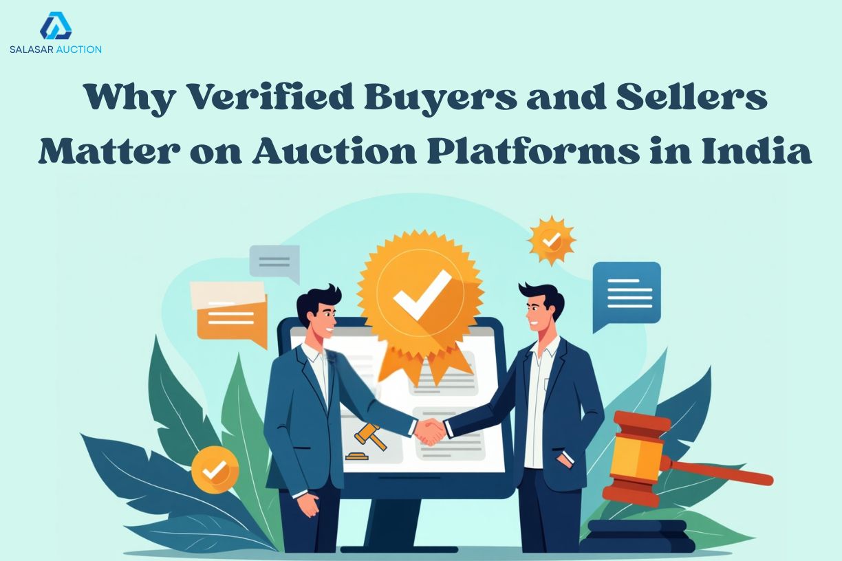 Illustration of two businessmen in suits shaking hands in front of a computer screen with a large verification badge, auction gavel, and checkmark icons, representing verified buyers and sellers on Indian auction platforms.