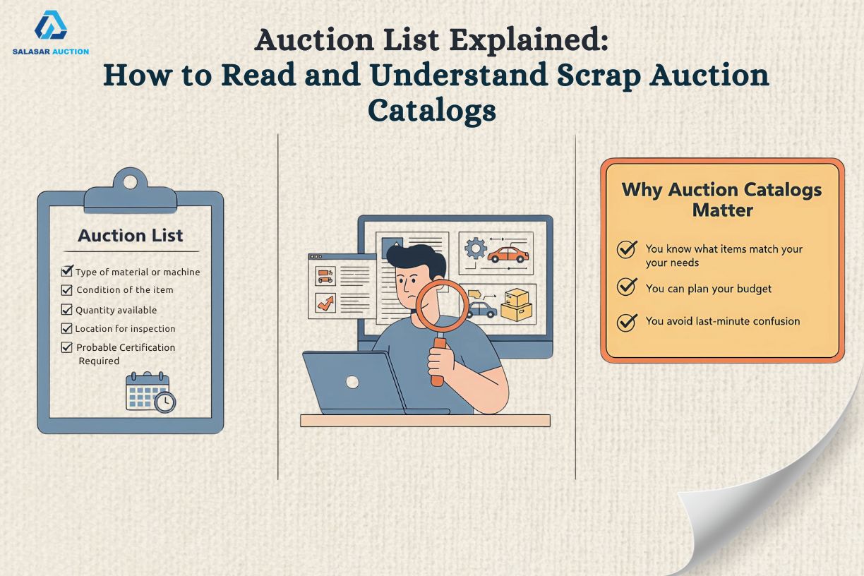  Guide to reading and understanding scrap auction catalogs showing auction list details, buyer using laptop, and reasons why auction catalogs matter by Salasar Auction.