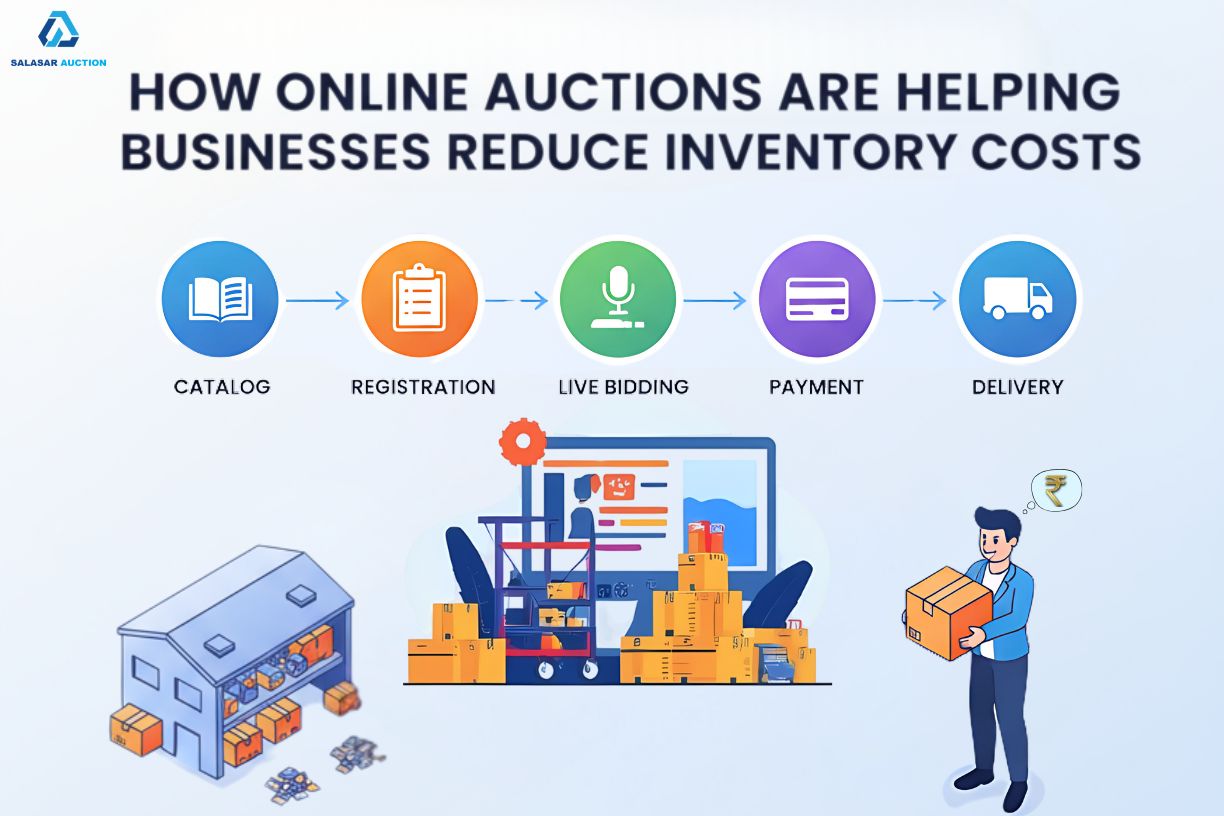 Illustration showing how online auctions help businesses reduce inventory costs with a step-by-step process including catalog, registration, live bidding, payment, and delivery.