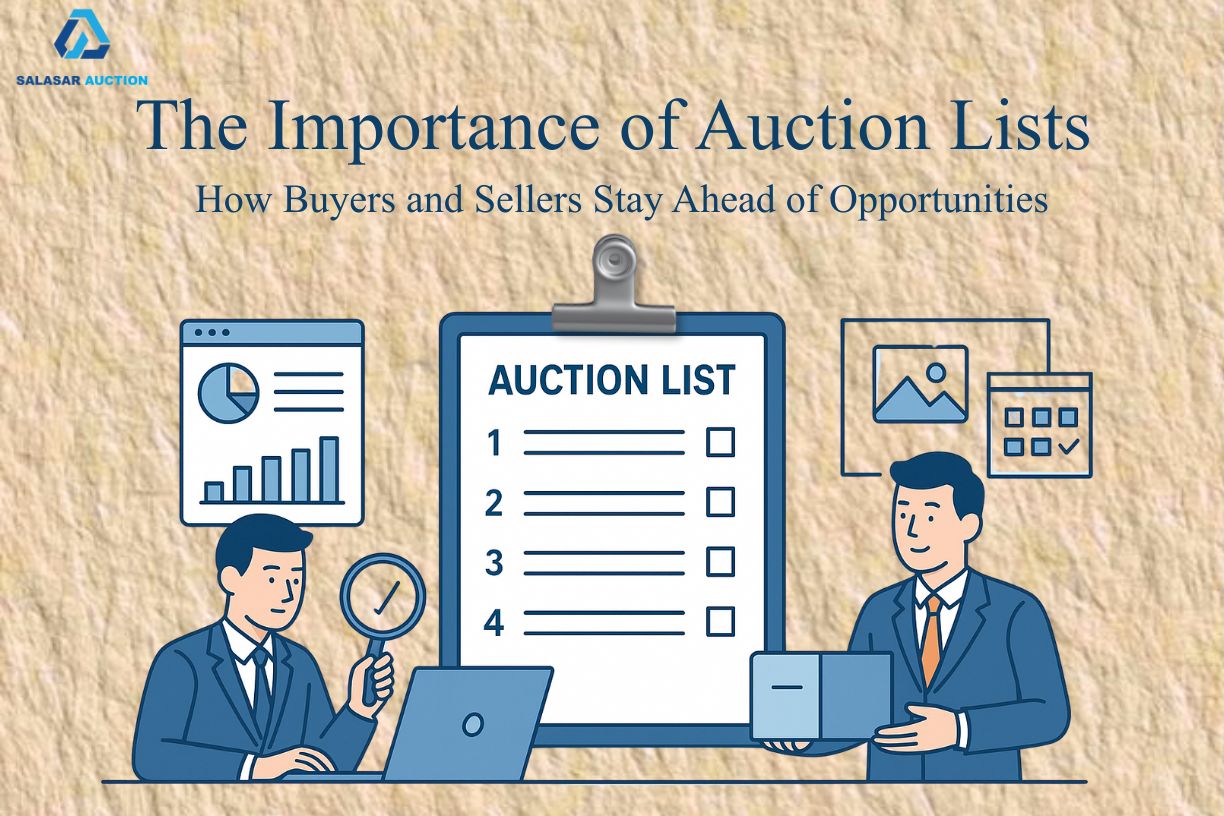 Illustration of two businessmen analyzing data and auction lists with laptops, graphs, and checklists, representing how buyers and sellers use auction lists to plan and stay ahead of opportunities.