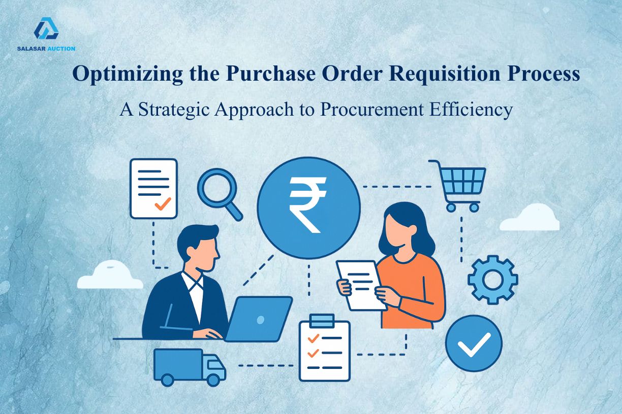 Illustration of two professionals managing purchase order requisition with laptop, checklist, rupee symbol, shopping cart, and logistics icons, representing procurement efficiency and  strategic process optimization.