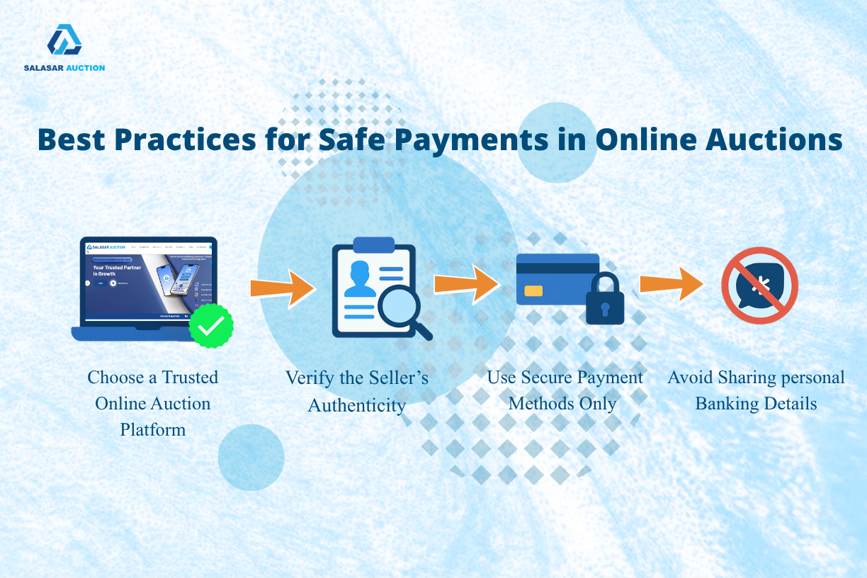 Infographic showing best practices for safe payments in online auctions  choose a trusted online auction platform like Salasar Auction, verify seller authenticity, use secure payment methods, and avoid sharing personal banking details.