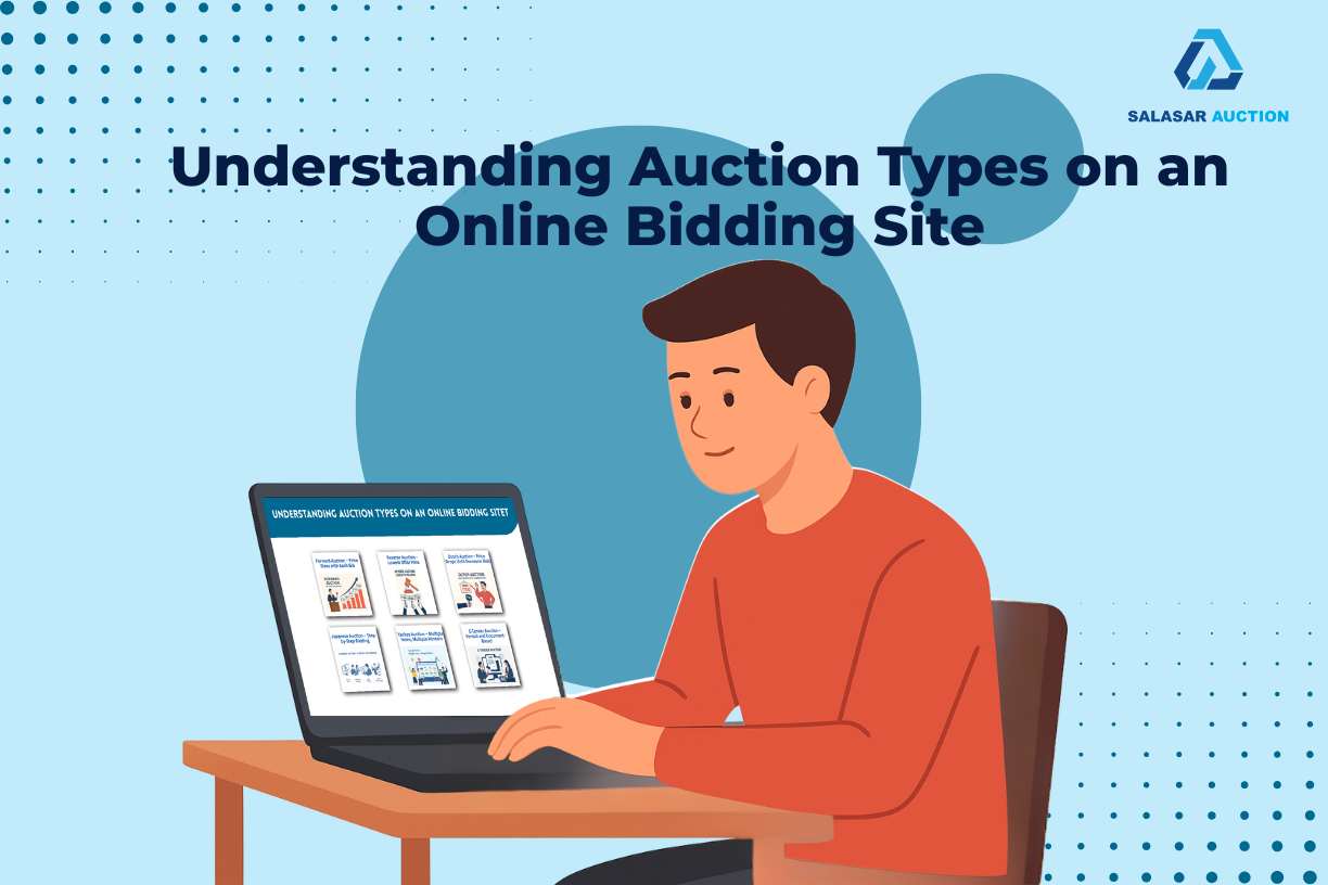 Illustration of a person sitting at a desk using a laptop to learn about different online auction types, with the title “Understanding Auction Types on an Online Bidding Site” and the Salasar Auction logo in the corner.