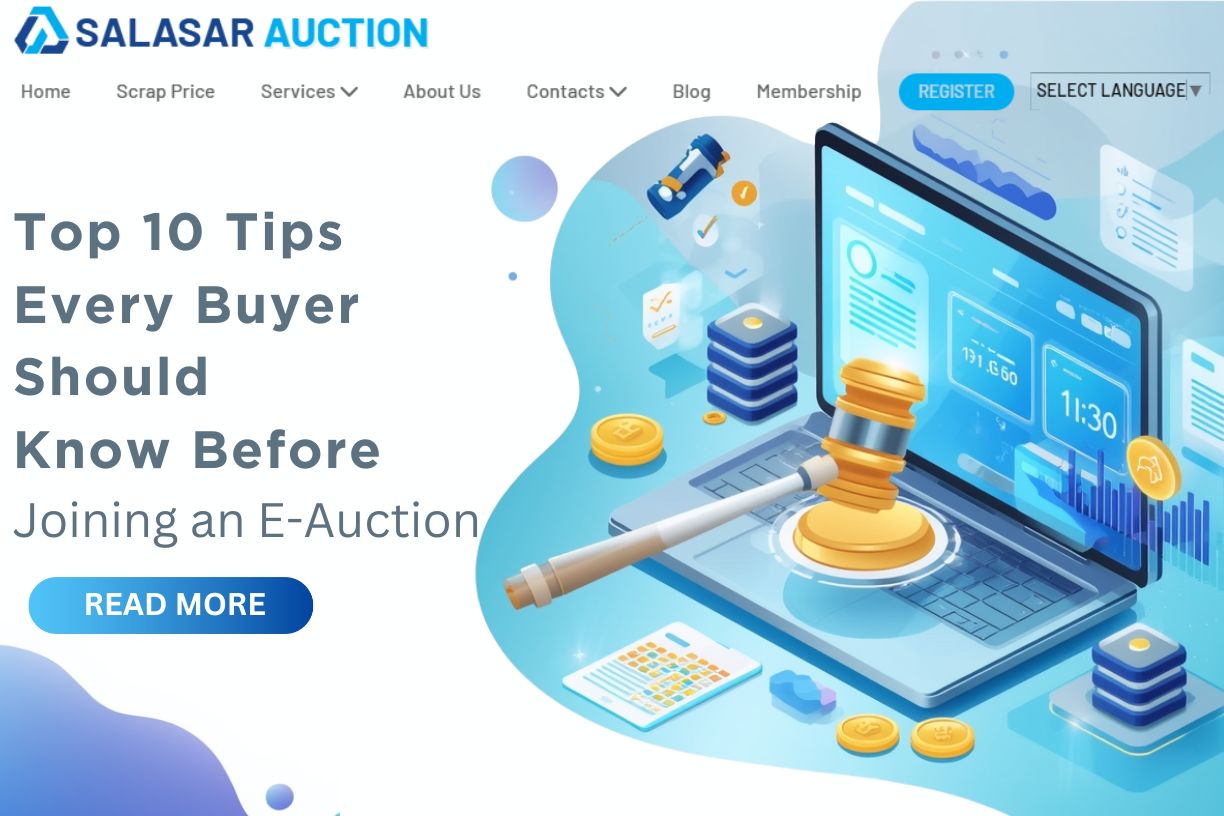 Illustration of an online auction setup showing a laptop screen with digital bidding elements, a gavel placed on the keyboard, coins, charts, and icons representing e-auction activity, alongside the text “Top 10 Tips Every Buyer Should Know Before Joining