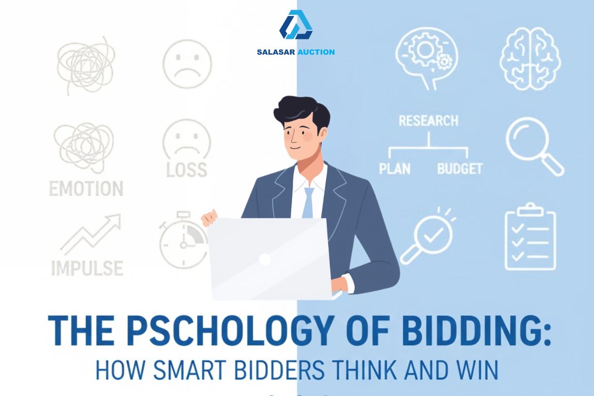 Illustration showing a bidder using a laptop, with visual contrasts between emotional and impulsive thinking on one side and structured research, planning, and budgeting on the other, representing the concept “The Psychology of Bidding: How Smart Bidders 