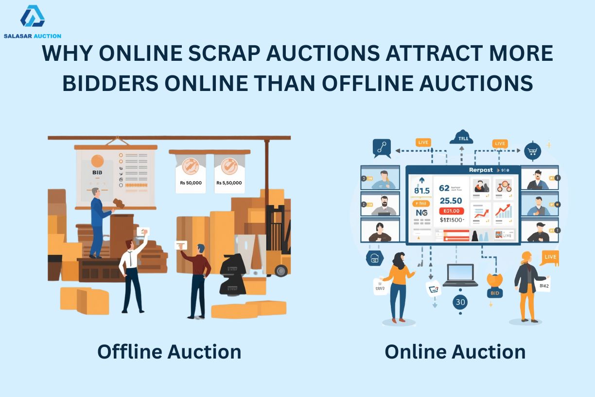 Visual comparison of offline scrap auction and online scrap auction, showing why online scrap auctions attract more bidders through online auction platforms, live online bidding, wider bidder reach, and growing use of auction websites in India.