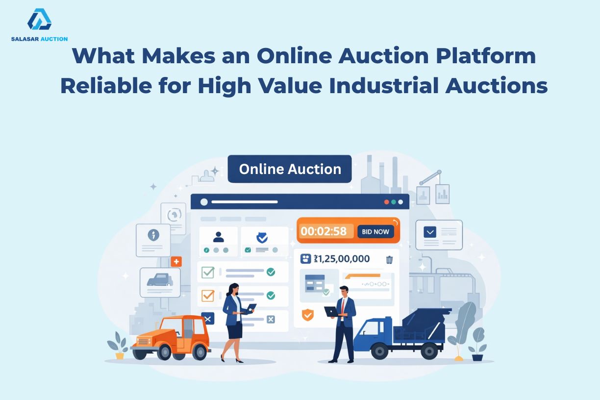 Online auction platform interface illustrating high value industrial auctions with verified bidders, real time online bidding, machinery, vehicles, and structured auction process for Indian auction websites.
