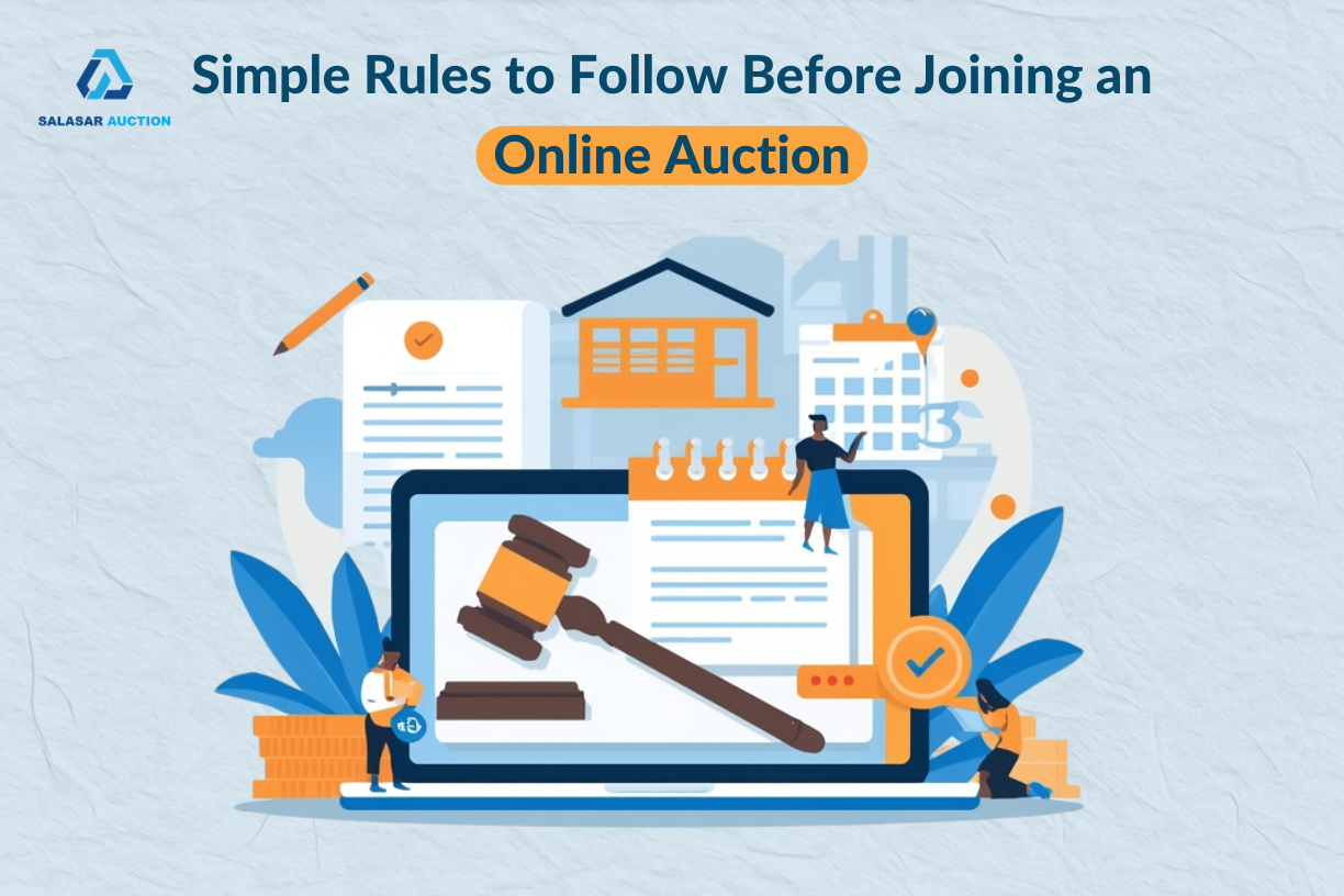 Blog banner for Salasar Auction titled “Simple Rules to Follow Before Joining an Online Auction” with illustration of online bidding, auction gavel on laptop screen, checklist, calendar and auction documents