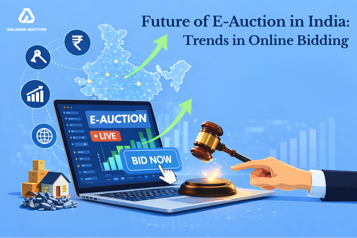 Illustration showing the future of e-auction in India with a digital online auction platform on a laptop, live bidding interface, auction hammer, and growth indicators representing online bidding trends across India.