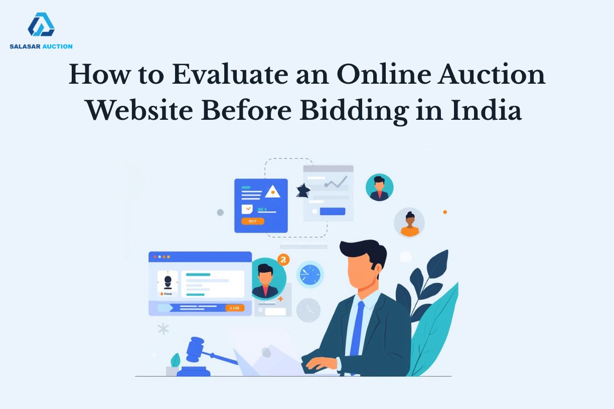 Online auction website evaluation in India showing bidder using digital platform, checking auction listings, rules, and online bidding process on auction sites in India.