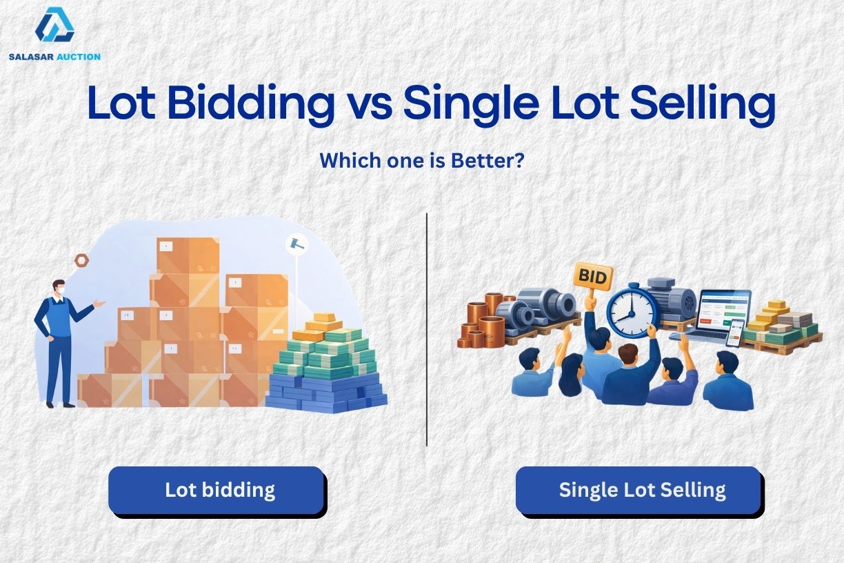 Lot Bidding vs Single Lot Selling infographic – bulk asset auction vs live industrial scrap bidding comparison for sellers and buyers on online auction platform India | Salasar Auction