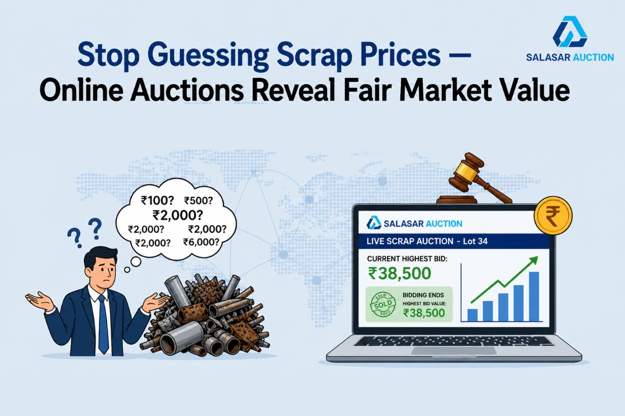 A confused businessman wondering about scrap prices next to a pile of scrap metal, with a laptop showing Salasar Auction live scrap auction result