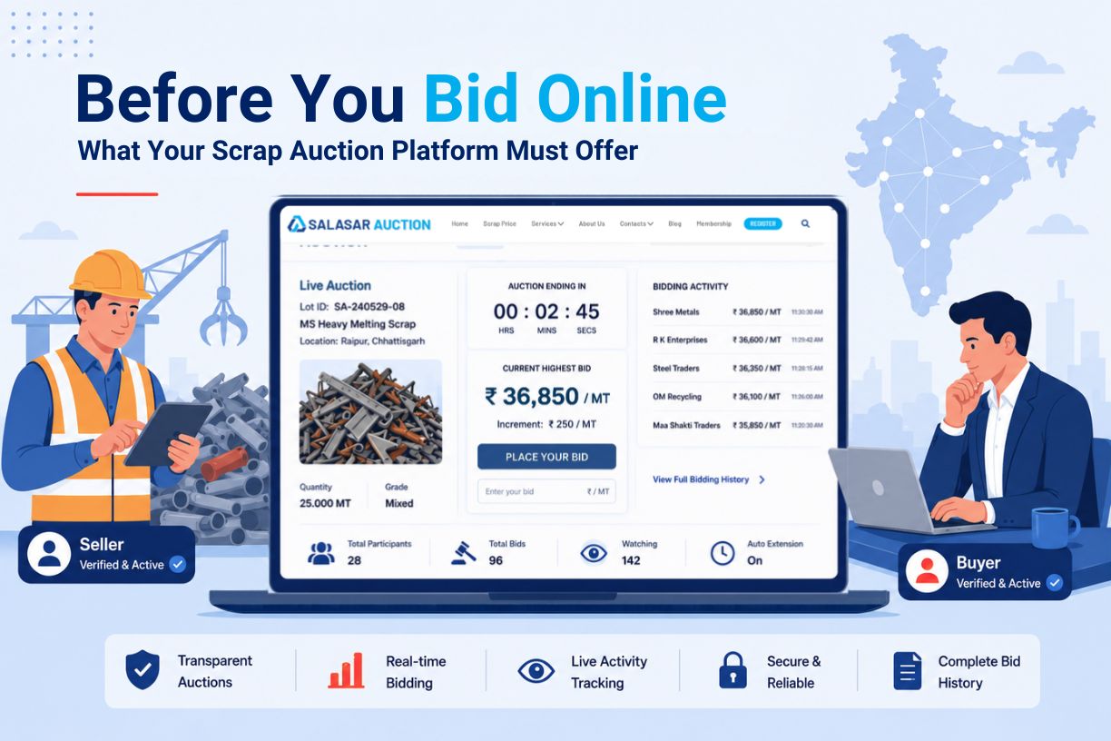 Live B2B e-auction dashboard by Salasar Auction for scrap metal, featuring real-time bidding and verified buyer-seller connectivity.