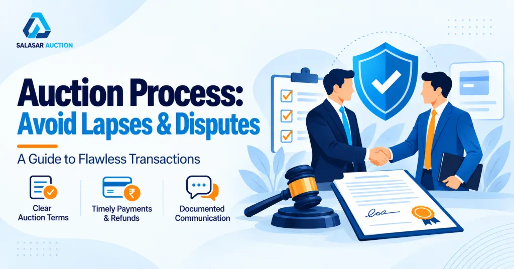 Salasar Auction illustration of the auction process with an approved catalogue, bidder updates, refund tracking and material lifting records