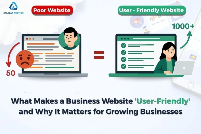 Graphic comparing a poor website with 50 users to a user-friendly website with 1000+ users, highlighting the importance of good web design for business growth.